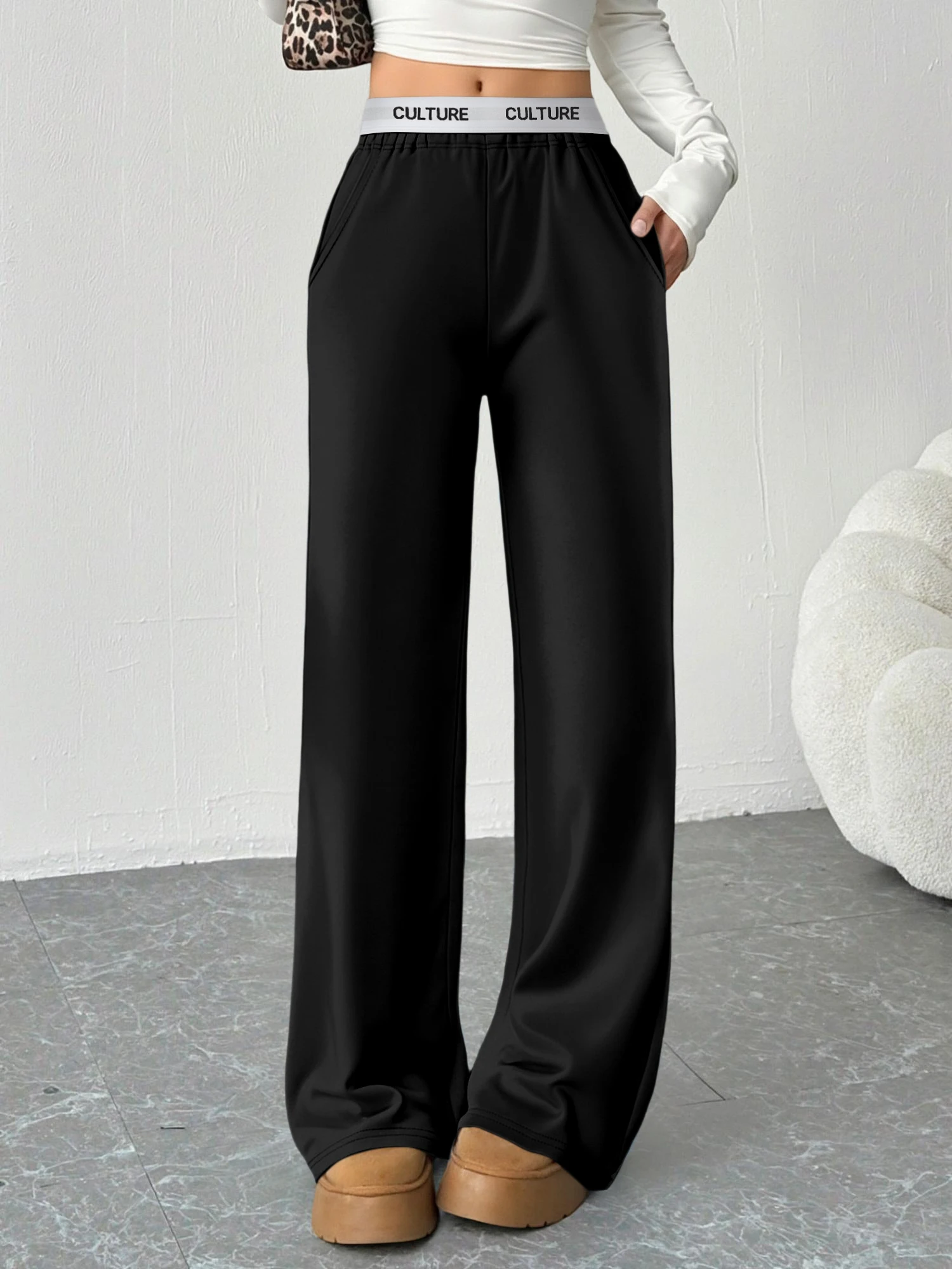 بنطال رياضي نسائي أسود واسع الساق، سروال كاجوال فضفاض مع خصر مطاطي وجيوب #1