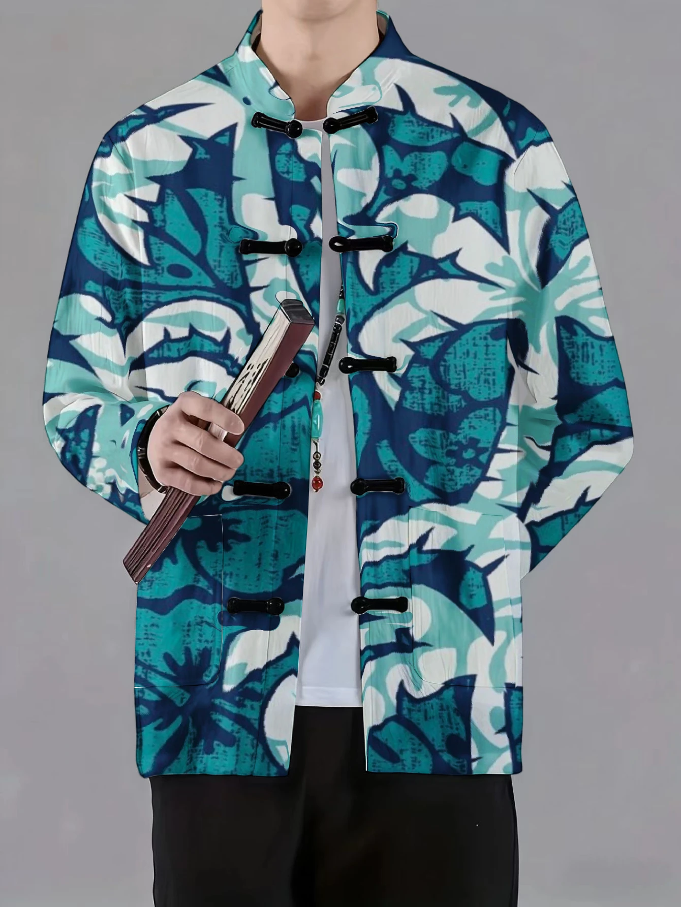 Men Mandarin Collar Frog Button Jacket Tropical Coastal Botanical Art Print Traditional Outerwear view 5