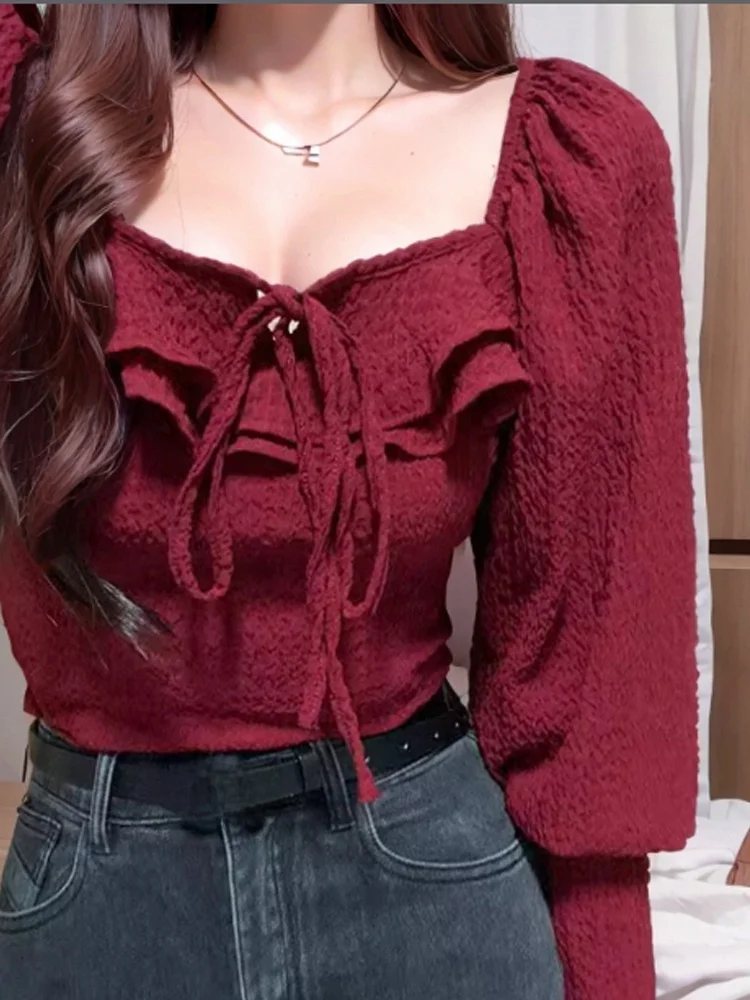 

Ele Red Long Sve ort irt Women's Outerwear Faionable Slimming Korean Sle Commute Wind Casual Chic Top