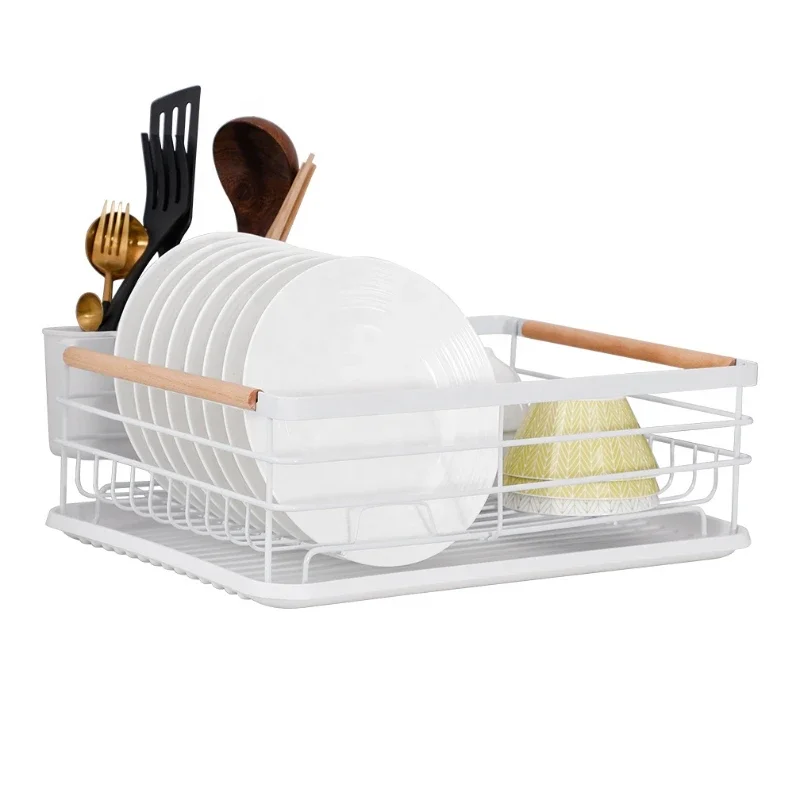 

White Carbon Steel Kitchen Dish Rack Tableware Drying Plate Drainer Storage Shelf with Removable Cutlery Holder