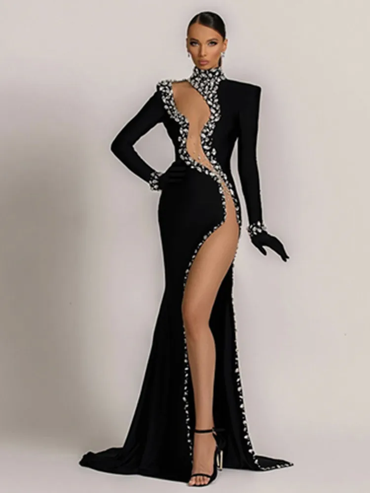 

Women Bandage Celebrity Sexy Turtleneck Beading Diamonds Maxi Long Dress 2024 Elegant Evening Club Party Dress