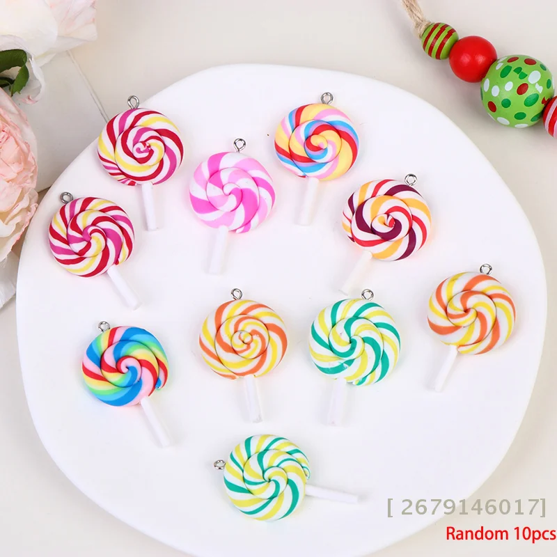 【YY26】10Pcs Random Color Soft Clay Simulation Lollipop Charms Pendant For Women Girls DIY Necklace Earrings Jewelry Accessories