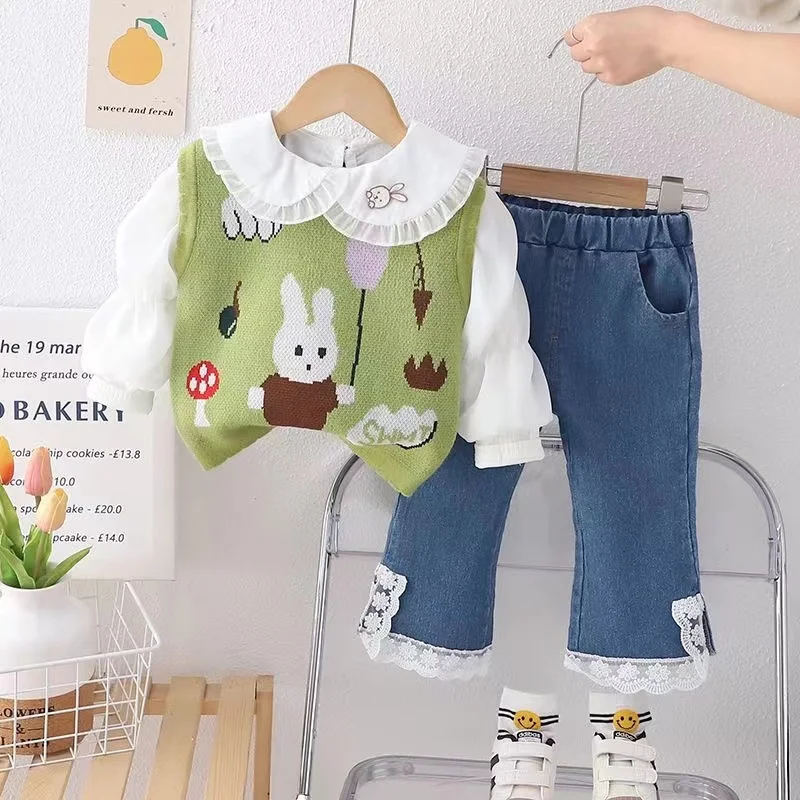 Girls Clothes Sets Spring Autumn 2024 Children Knitted Vest Shirts Denim Pants 3pcs Jeans Suit For Baby Princess Outfits Kids 5Y