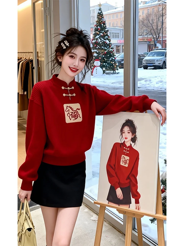 เสื้อไหมพรมปักลายตรุษจีนสีแดง ปักปีใหม่ กระดุมปักลาย อบอุ่น เหมาะสำหรับฤดูหนาว เสื้อแฟชั่นผู้หญิง