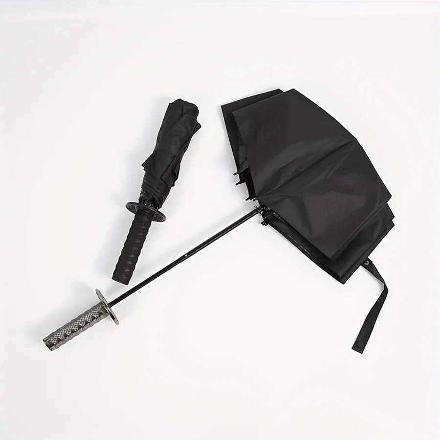 Creative Samurai Sword Umbrella, Ninja-Style 8-Rib Manual Folding Sword Umbrella, Black Anime-Themed Adult Folding Umbrella