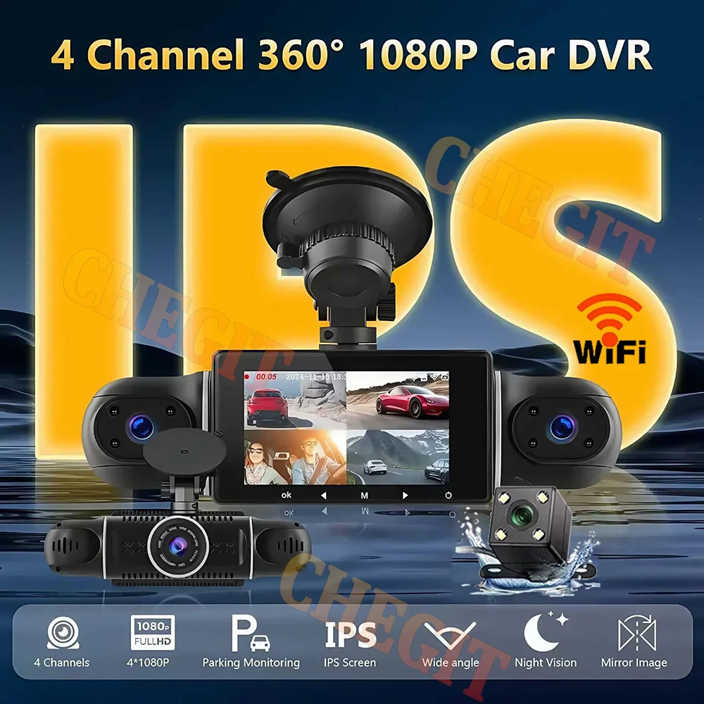 NEUE WiFi 360 Grad 4 Kameras Dash Cam Auto DVR Video Recorder 4 Kanal Vorne Rückansicht Nachtsicht Black Box DVR für Fahrzeug