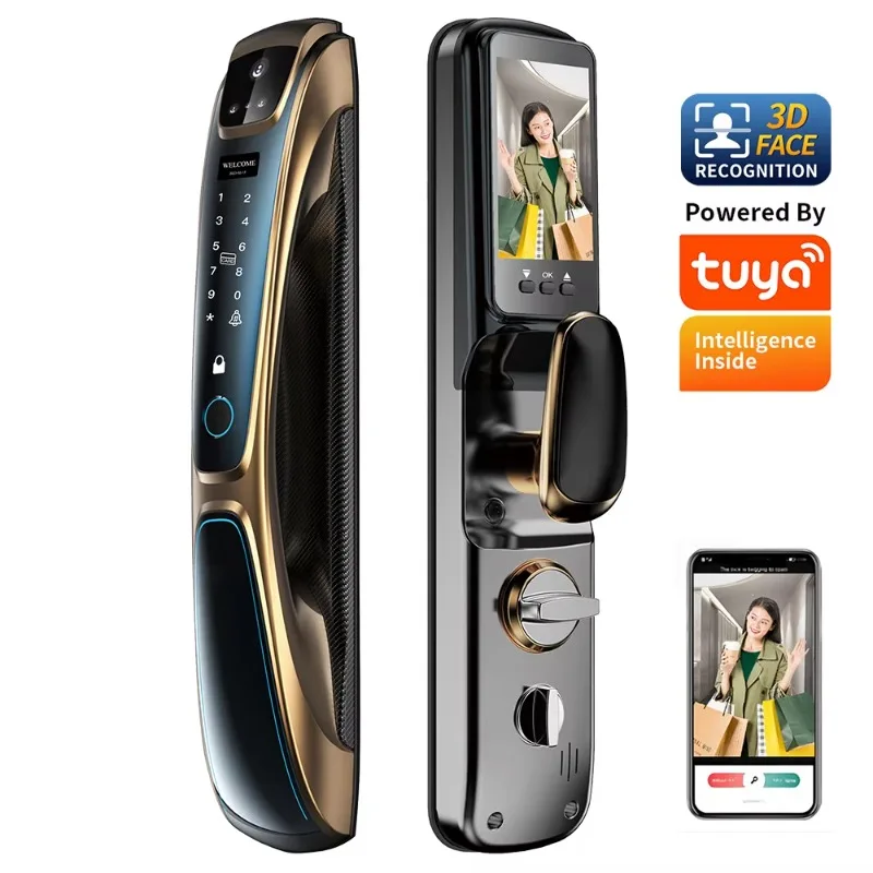 

Premium Quality Golden Color Smart Lock Tuya Face Recognition Fingerprint Smart Door Lock with Camera for Home