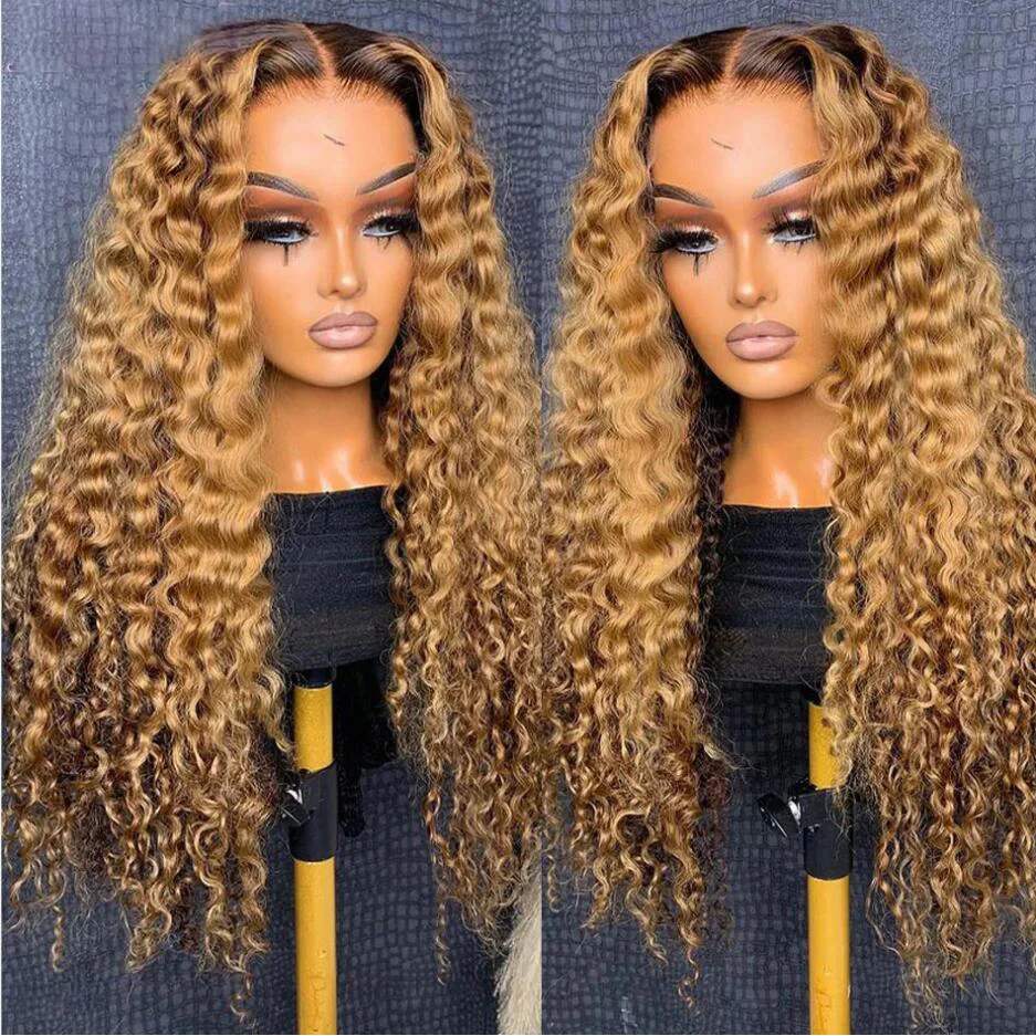 

Soft Ombre Honey Blonde Brown 26”Long 180Density Preplucked Glueless Kinky Curly Lace Front Wig For Black Women BabyHair Daily