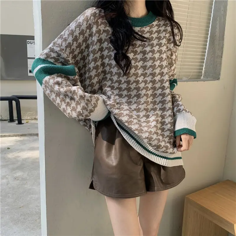 Autumn Winter Korean Fashion Patchwork Long Sleeve Knitwear Women Simplicity Office Lady Sweater All-match Casual Knitting Tops