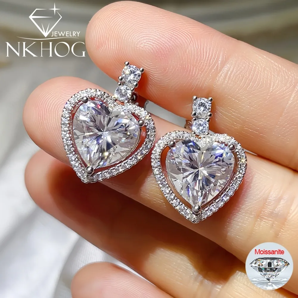 

NKHOG 10CTTW Real Moissanite Stud Earrings Women 925 Sterling Silver Heart Shape Diamond Wedding Ear Stud 18K Plated Jewelry GRA