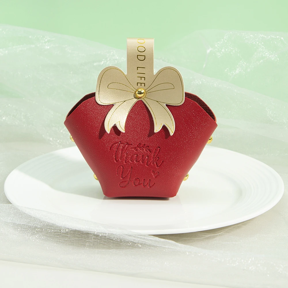 

Christmas Red 14x9x6cm PU Leather Gift Bag Jewelry Handbag Candy Packaging Mini Box Gold Bowknot Basket Pouch Wedding Display