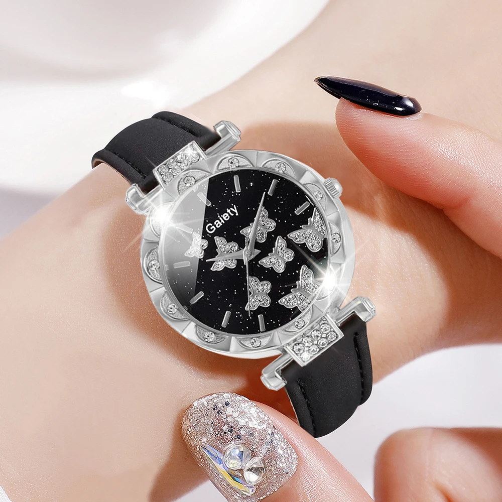 6PCS/Set Black Women Watch Luxury Rhinestone Quartz Wristwatch Butterfly Element Dial Watch Butterfly Jewelry Set Gift For Girls