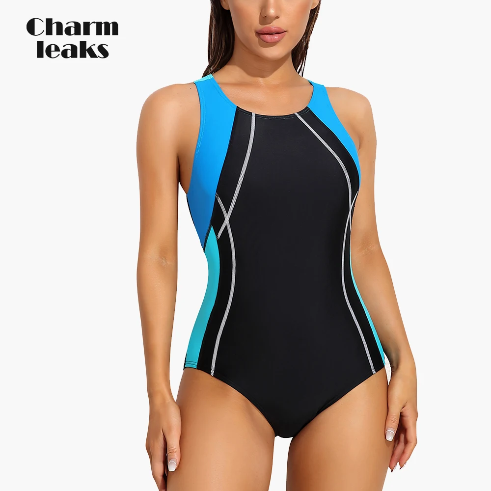 Charmleaks Women Sports One-Piece Swimsuits Racerback Patchwork High Elastic Trainning Bathing Suit