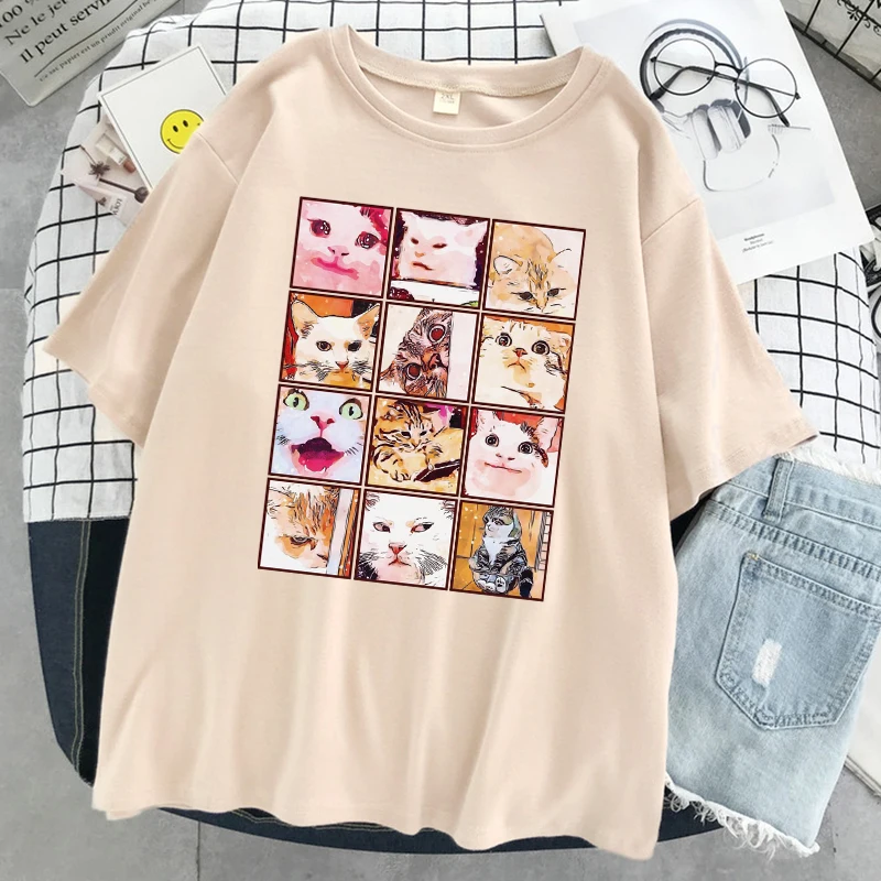 

12 Meme Cat Facial Expression Packs Print T-Shirt Women Street Summer Tshirts Soft Cool Tee Clothes Casual Fashion Short Sleeve