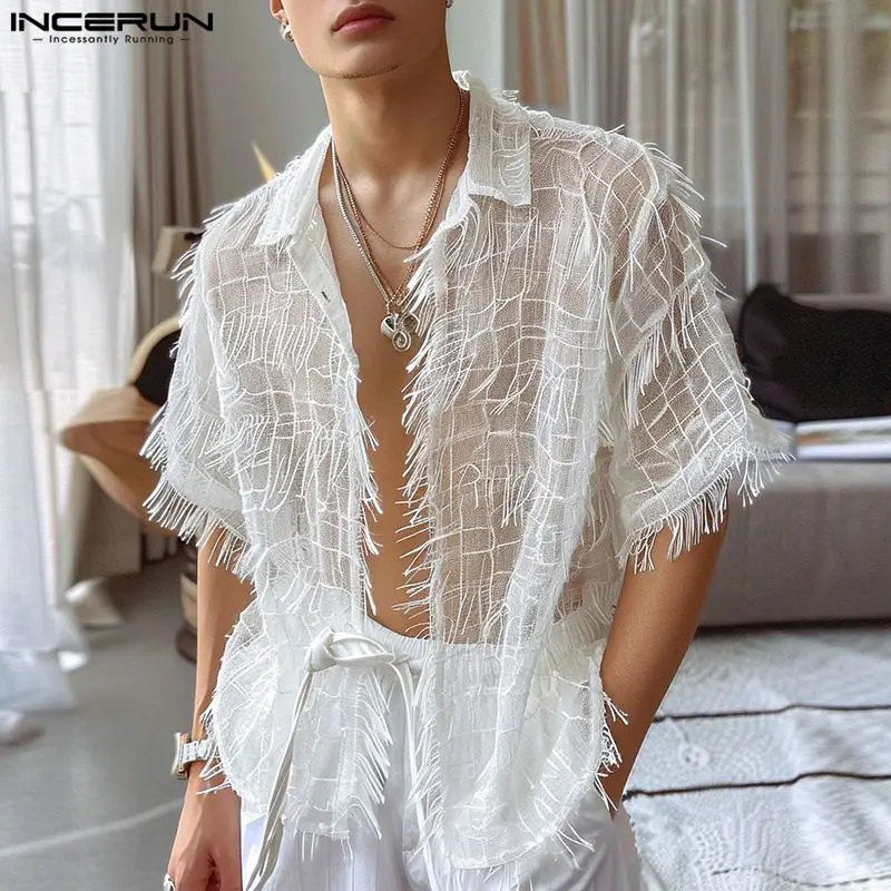 

2024 Men Shirt Tassel Chiffon Transparent Lapel Short Sleeve Sexy Men Clothing Summer Streetwear Party Fashion Camisas INCERUN