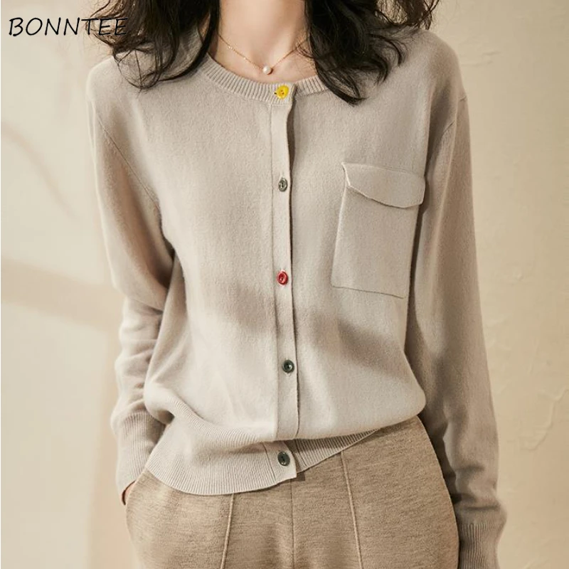 

Basic Knitted Cardigans Women Cropped Simple Vintage O-neck Cozy Gentle Office Ladies Korean Style Colorful Buttons Design Chic