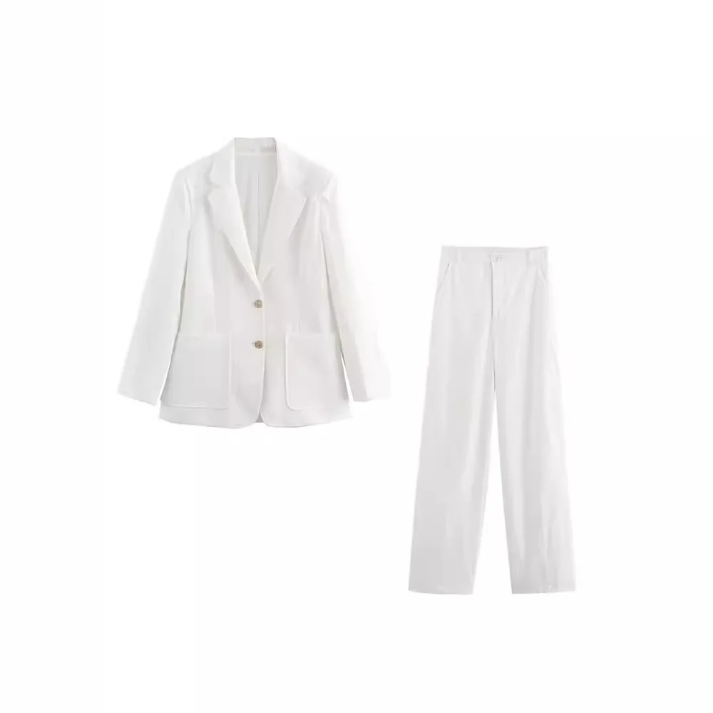 Nordic Minimalist Elegant Linen Blend Blazers Fashionable Commuter Casual White Suits Sets Straight Pants Women