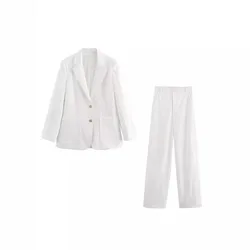 Nordic Minimalist Elegant Linen Blend Blazers Fashionable Commuter Casual White Suits Sets Straight Pants Women