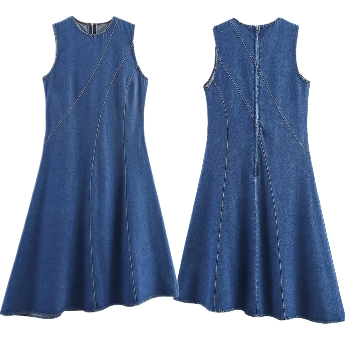 

Maxdutti Nordic Minimalist Round Neck Sleeveless Dress Women's Asymmetrical Design Slim Mini Dress Denim Dress Ladies