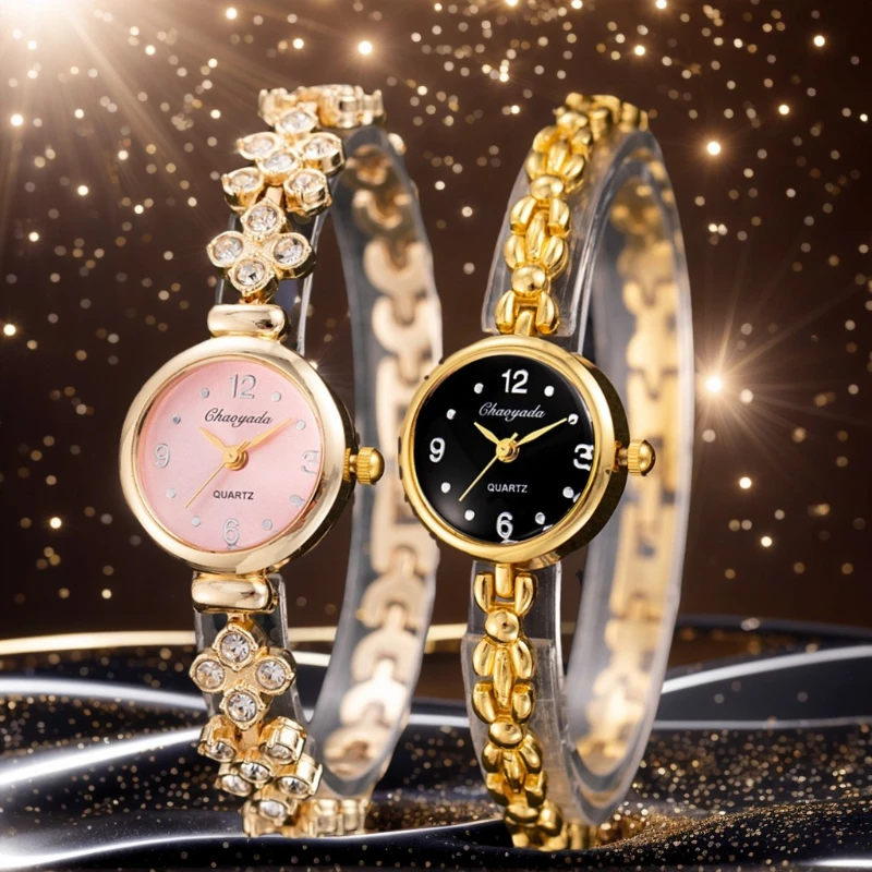 2 pçs relógios femininos marca de luxo diamante pulseira relógio moda elegante dourado pequeno mostrador senhoras relógio quartzo reloj mujer