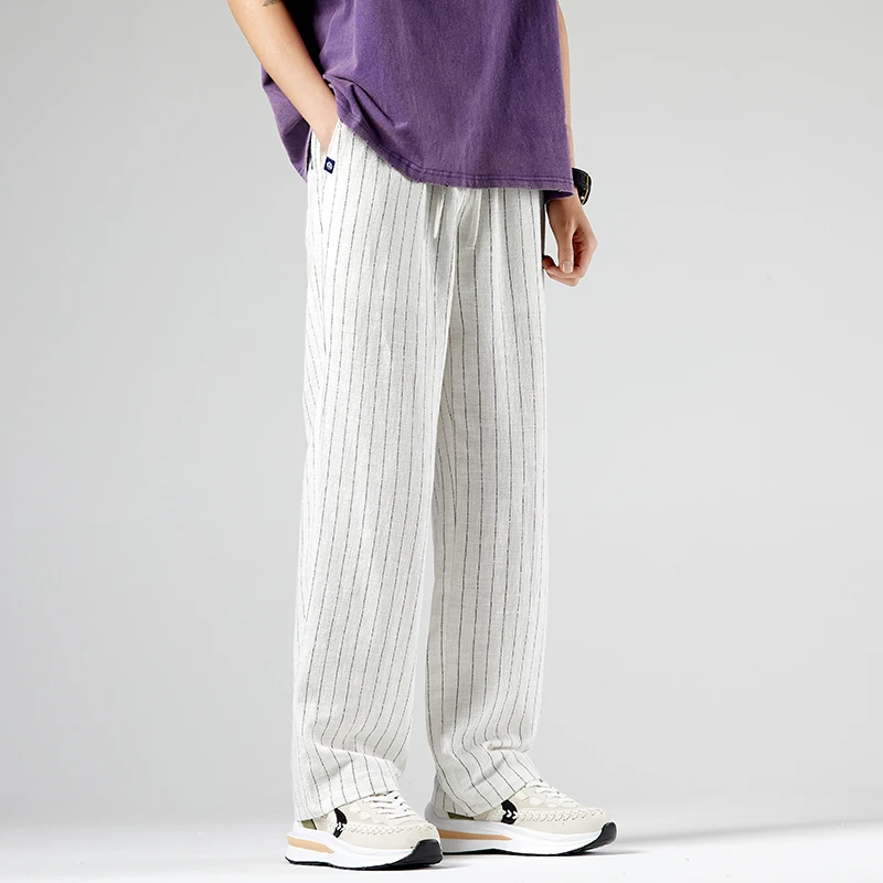 

Loose Wide Leg Men's Casual Pants Summer Linen Trousers Straight Cut Breathable Comfortable Youth Faion Brand Striped Design