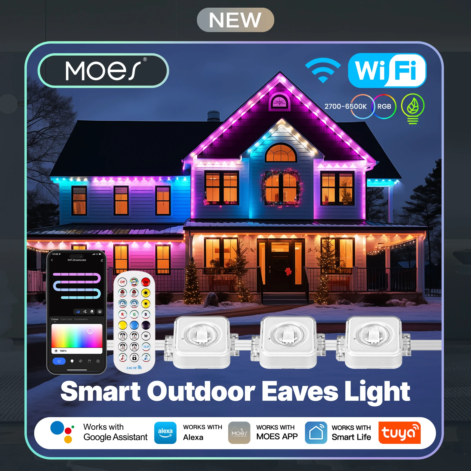 MOES Tuya WiFi الذكية الطنف سلسلة أضواء LED في الهواء الطلق IP67 مقاوم للماء 1600 مليون RGB اللون RF التحكم عن بعد أليكسا جوجل المنزل