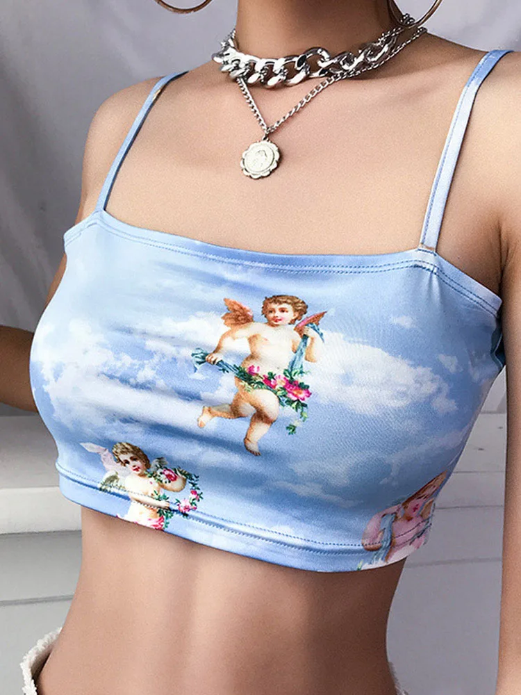 2024 New Fashion Women camisole Sling Top Vest Sleeveless Cold Shoulder The Angel Of Cupid Print Short Camis Female Summer Top