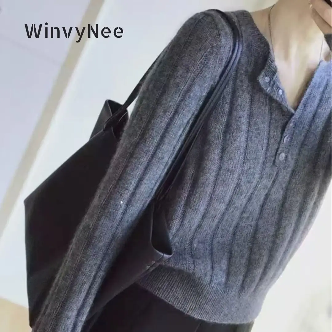WinvyNee Winter Women Pure Wool Sweaters Long Sleeve Solid Polo Collar Neck with Buttons Slim Pullovers Knitted Tops A1003051