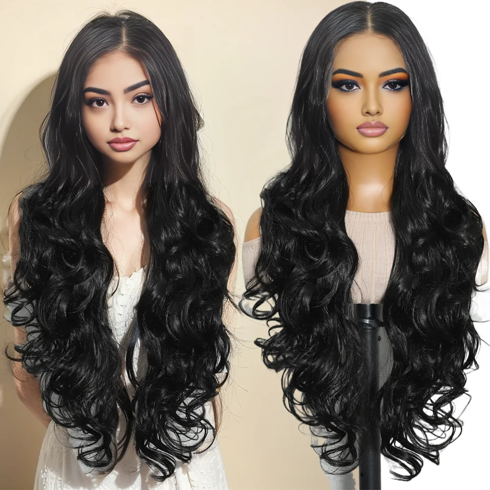 

Black Bio Synthetic 13X6 Body Wave Lace Frontal Wigs 30" Heat Resistant Swiss Transparent Lace Wigs Body Wave Lace Front Wigs