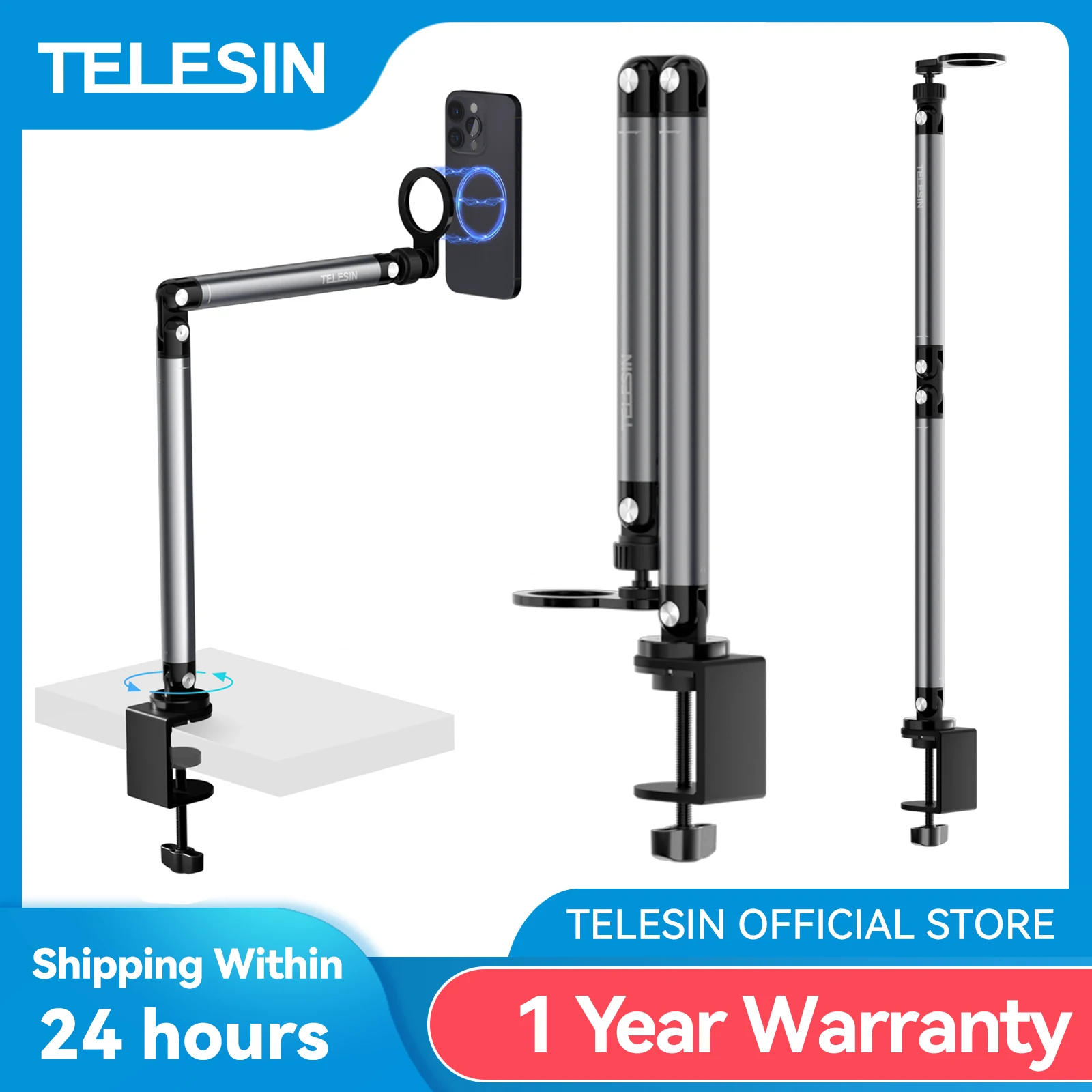 TELESIN Magnetic Quick Release Mobile Phone Photography Desk Clip Stand Holder Aluminium alloy Stand For Smart phone Universal