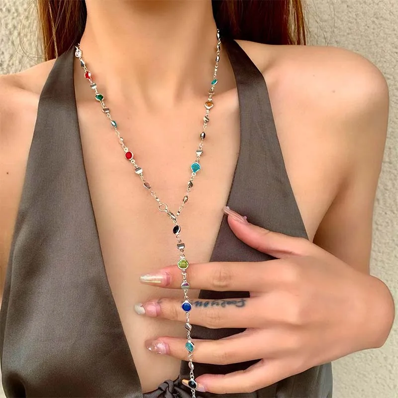 Bohemian Colorful Long Y-Shaped Necklace For Women Metal Collarbone Crystal Chain Water Drop Pendant Holiday Body Jewelry Gifts