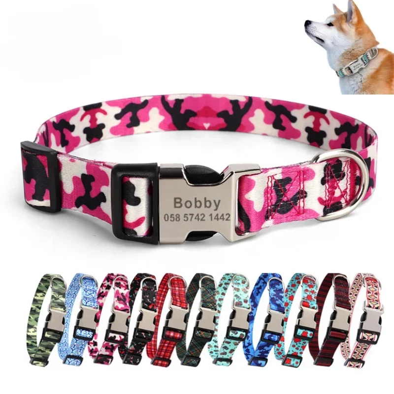 

Custom large dog collar Cute print Personalized pet collar Nylon puppy ID collar Small and medium sized large dog engraved name