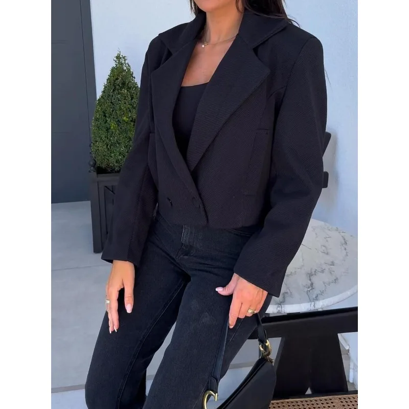 

Новое женское модное пальто с длинным рукавом, женская одежда, универсальный костюм с воротником, однотонная осенне-зимняя короткая шерстяная куртка, пальто