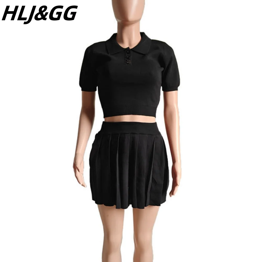 HLJ&GG Green Casual Knitting Pleated Mini Skirts Two Piece Sets Women V Neck Short Sleeve Slim Top And Skirts Outfits Clothing