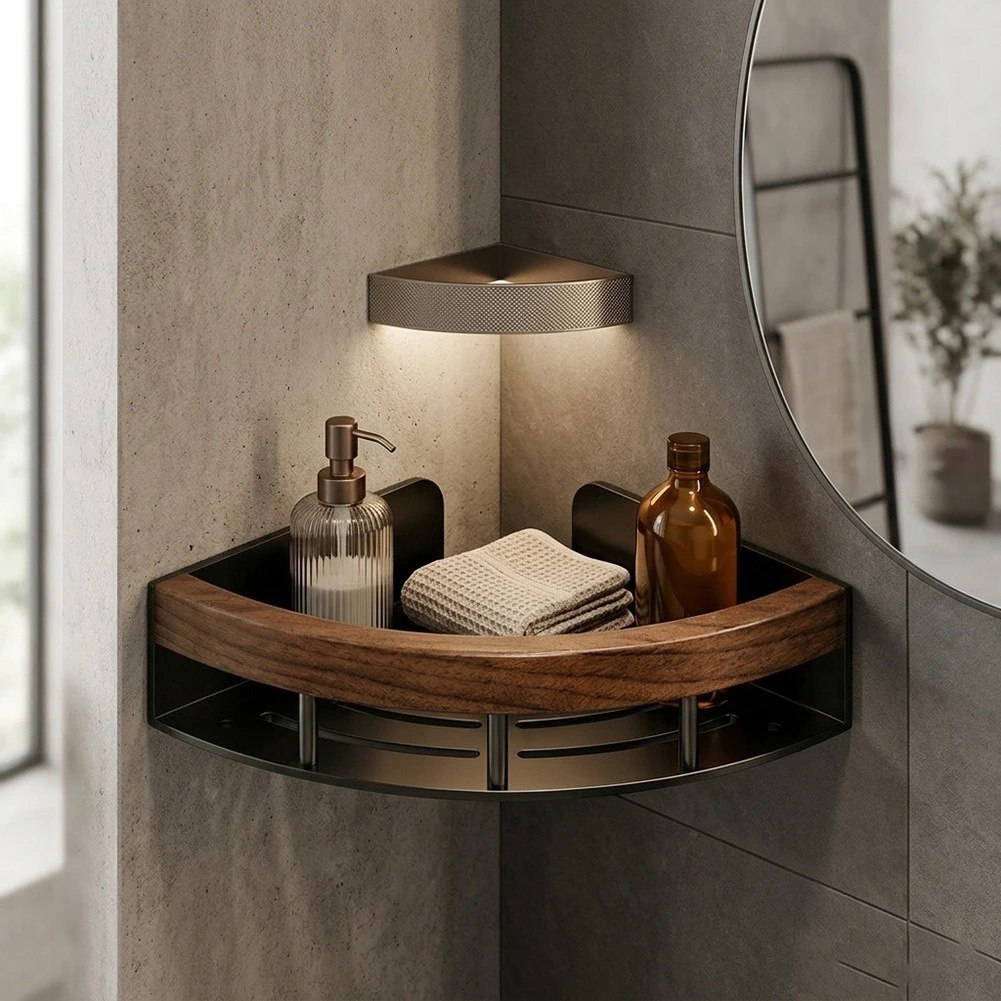 Triangular Corner for Bathroom Toilet Essentials Storage Made of Black Walnut Wood and Stainless Steel 33x23.6x8cm