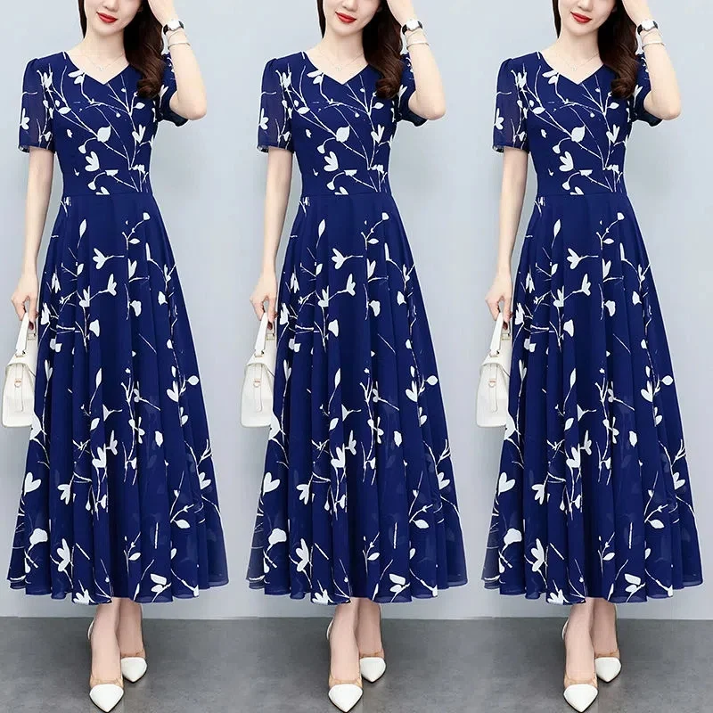 High-end Floral Chiffon Dress Long 2023 Summer New Big Size Fat MM Waist Slimming Belly Cover Skirt