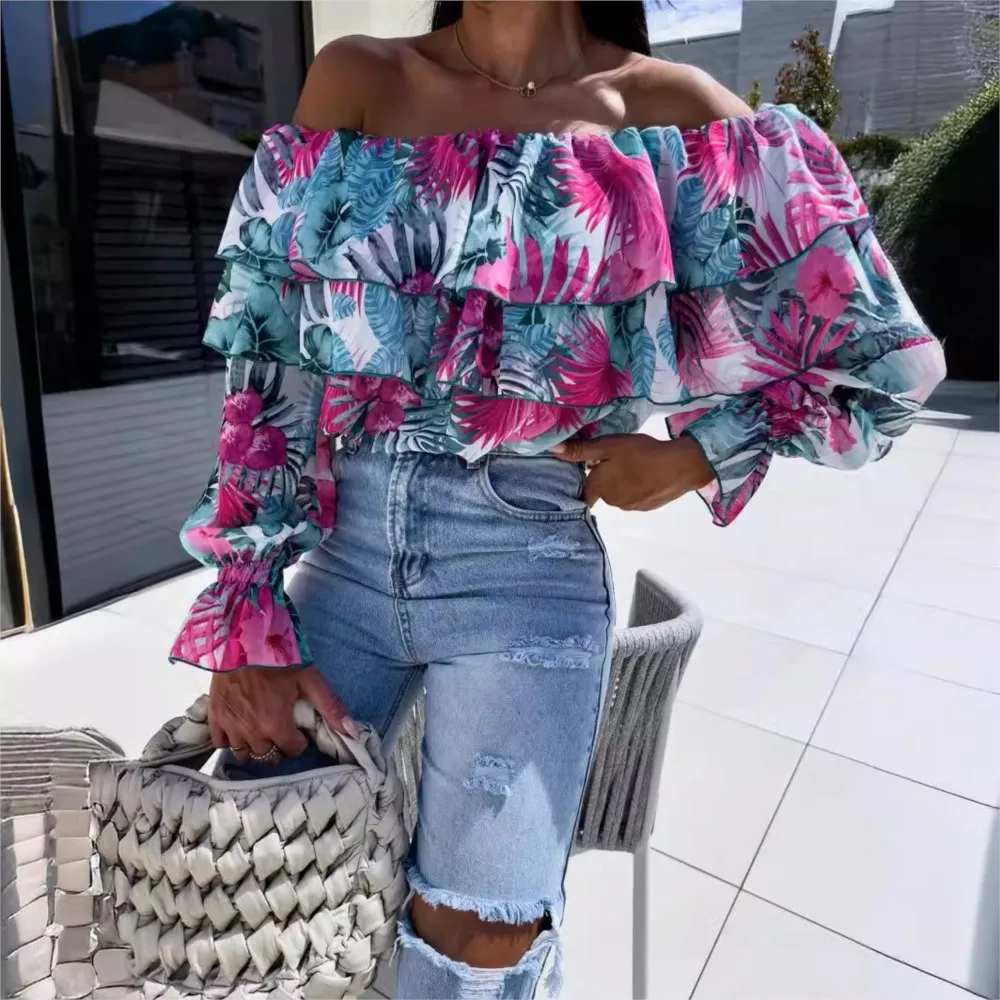 Printed One Shoulder Chiffon Shirts Women Fashion Sexy Off Shoulder Ruffles Long Sleeve Shirt Blouses Ladies Spring Autumn