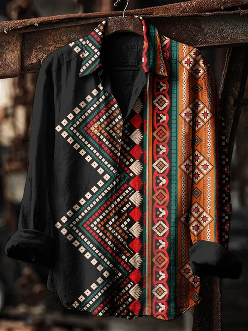 

New Men's Vintage Art Long Sleeve Shirt Abstract Geometry Vintage Print Casual Linen Long Sleeve Shirt Men's Top