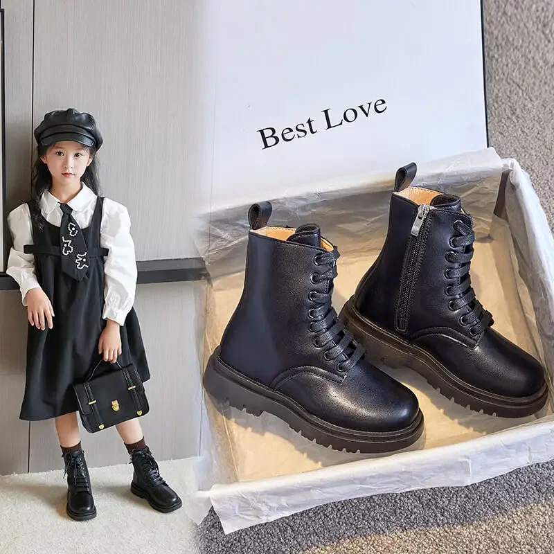 Girl Leather Long Microfiber Skin Fleece Performance High Tube Cotton Fashion Boots Children Girls Lace-up Round Toe Boots