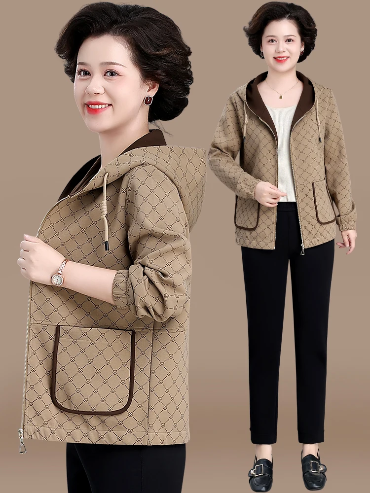 

Faionable Hooded Autumn Jaet 2024 New Sle for Middle-Aged Mothers Spring Autumn Ele Open Cardigan Top Women