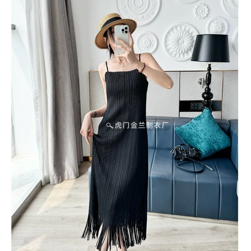 

Pleats Halter Dress Women 2024 Summer Solid Colour Pleats Fringe Medium Length Holiday Vest Dress Hundred Casual Women Clothing