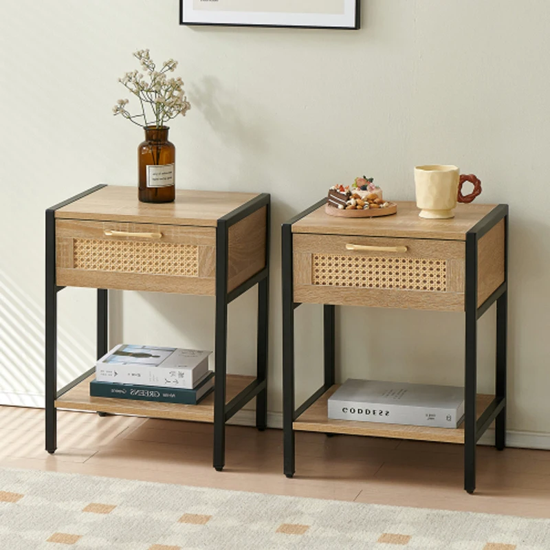 

Set of 2, 15.74" Rattan End table with drawer, Modern nightstand, metal legs,side table for living room, bedroom,natural