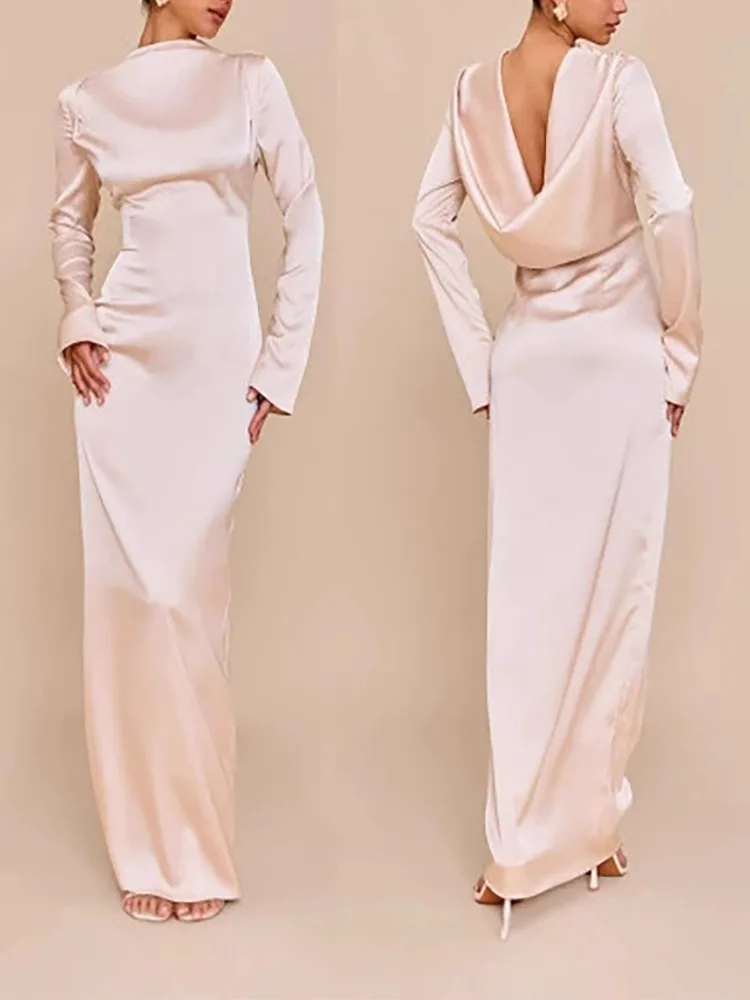 الخريف بسيط بلون عارية الذراعين فستان الحفلات مزاجه أنيقة سليم صالح فستان ستان جديد 2026 عيد الميلاد س الرقبة رداء فساتين