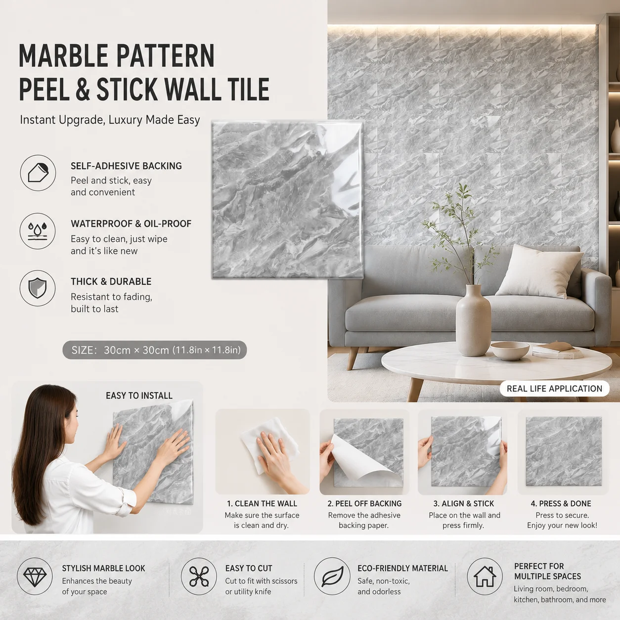 Self Adhesive Home Wall Paneling Peel and Sticker Marble Tile Wallpaper Waterproof Room Decoration Bedroom Wall Decor Stickers