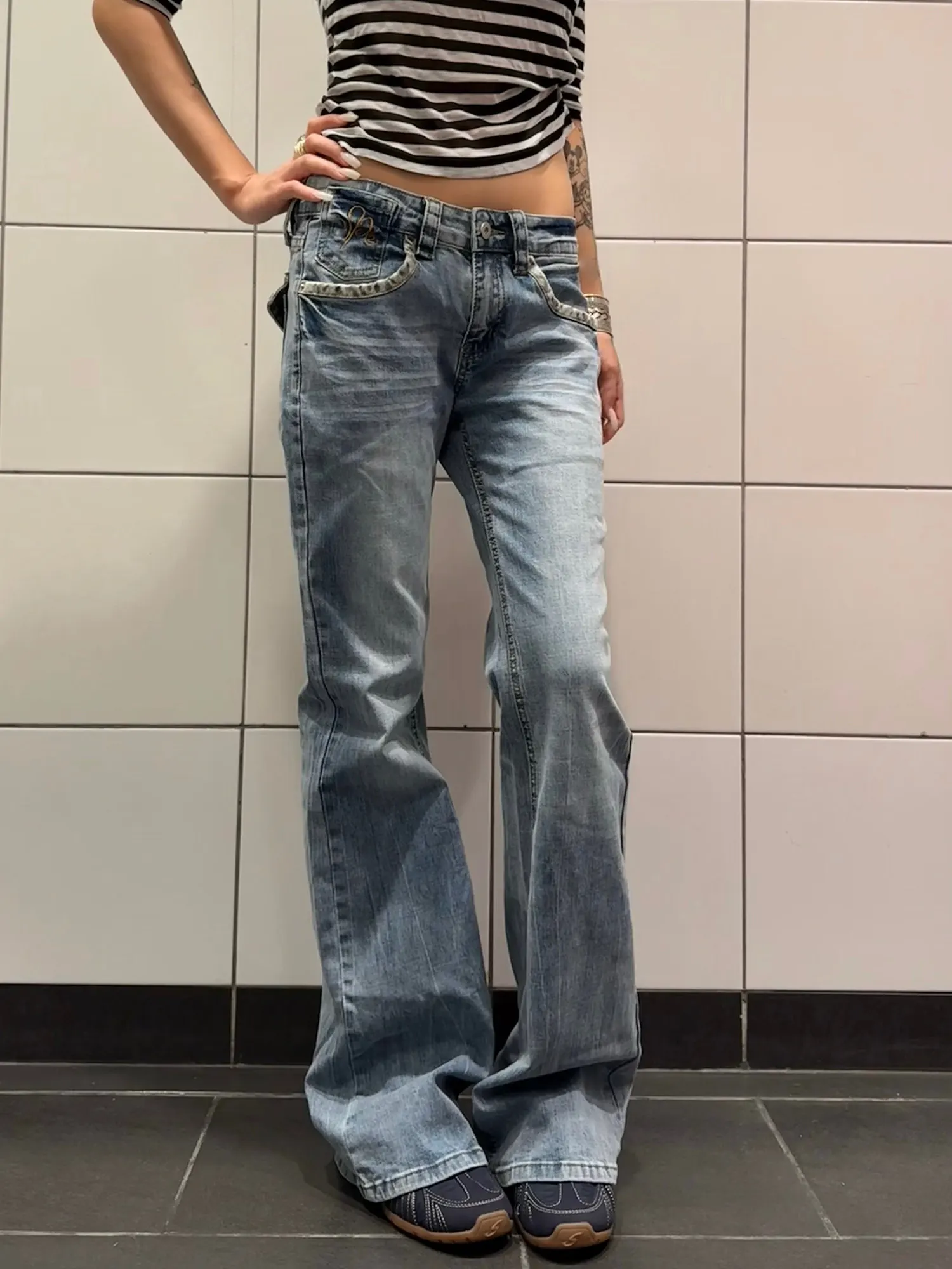 

Retro Leopard Print Splicing Washed Denim Jeans High Street Style Straight Leg Slimming Long Trousers for Men And Women