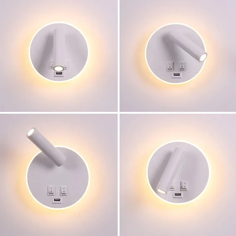 Lâmpada de parede interior LED com interruptor, luz noturna ajustável, holofotes rotativos, porta USB, ao lado da leitura, decoração interior, casa