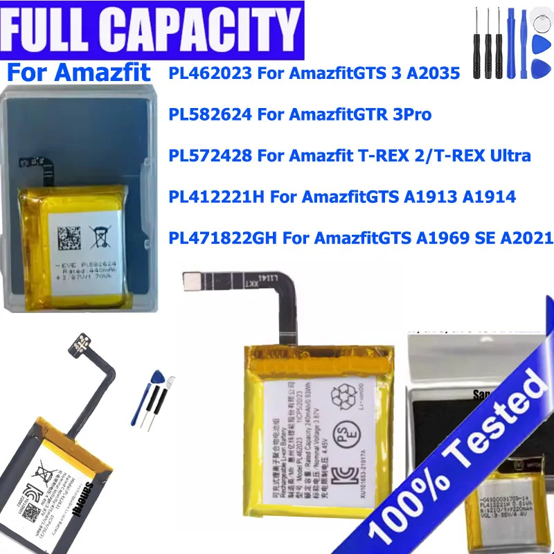 

Оригинальный аккумулятор для Amazfit GTS 3 A2035, GTR 4 47 мм GTR 3 Pro T-REX 2 T-REX Ultra, PL412631 PL462023, A1969 2E A2021, PL572428