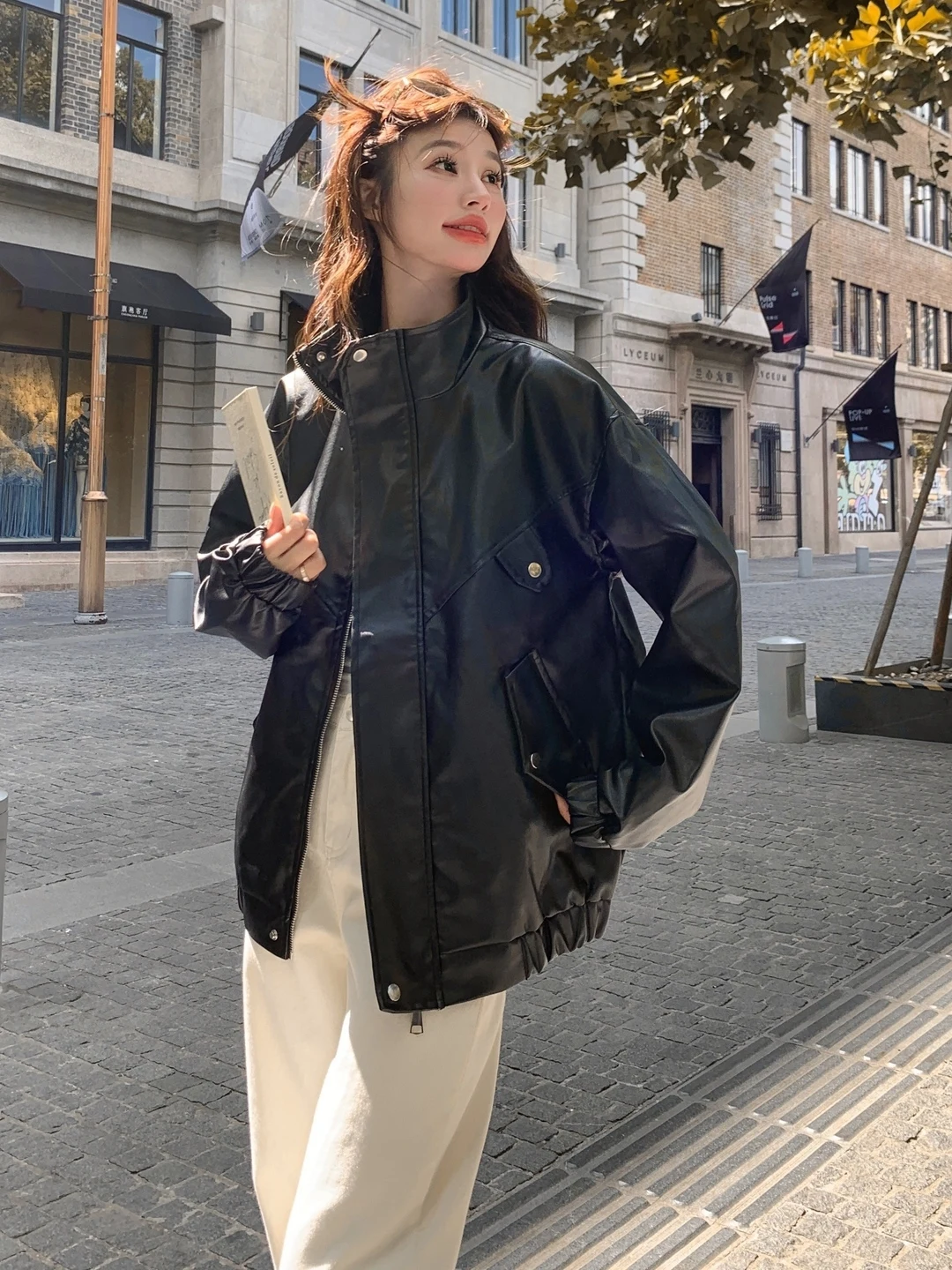 Bla Biker Jaet Cappotto in pelle semplice casual allentato da donna Autunno Nuovo arrivo Chiusura con cerniera Colletto lungo Sve Stand