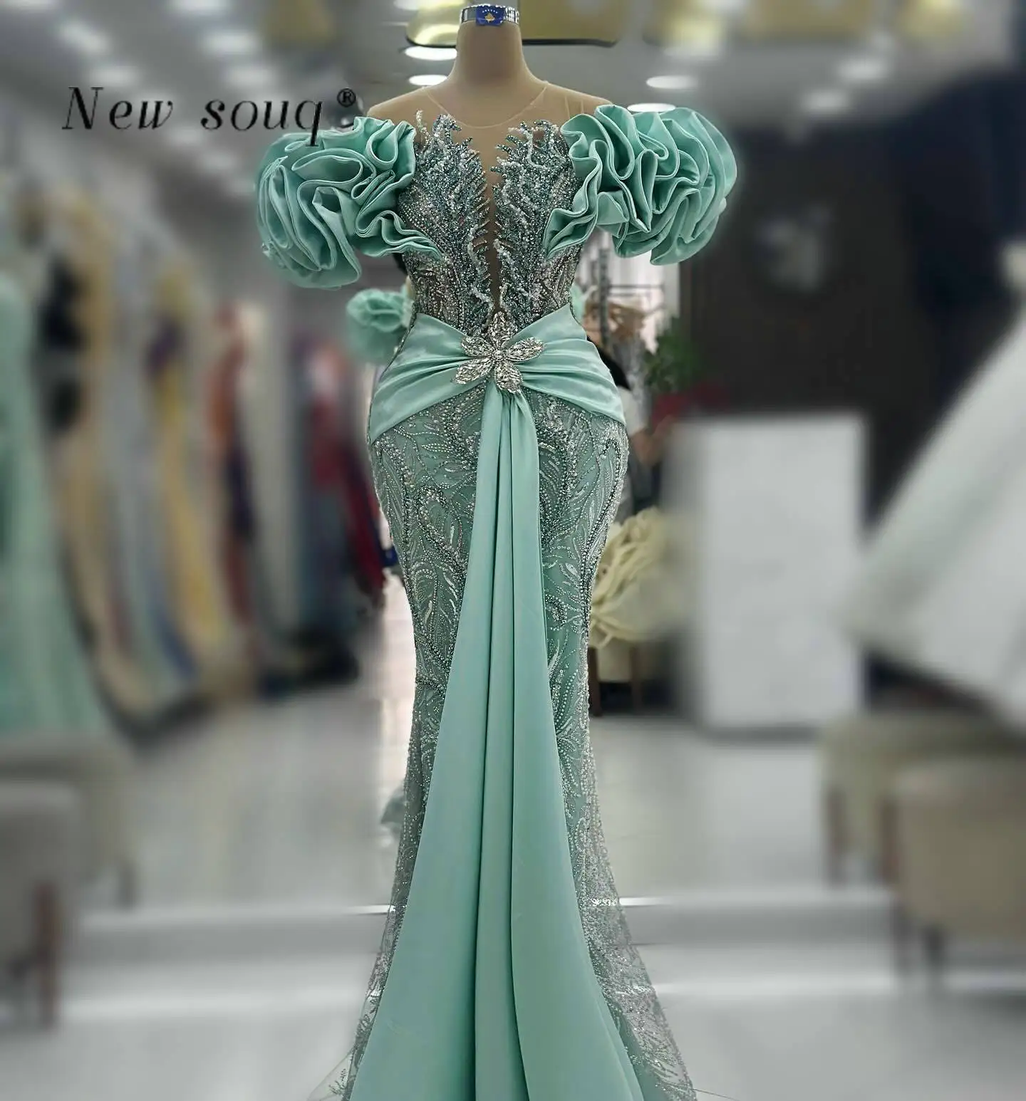 Mint Ruffles Off Shoulder Long Mermaid Evening Dresses 2024 Sparkling Beaded Birthday Party Dress Second Reception Prom Gowns