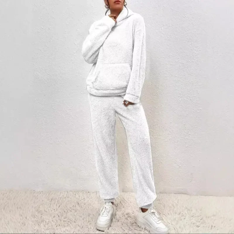 Elegant Long Sleeve Pocket Loose Hoodies Pants Suit 2024 Teddy Plush Outfits Homewear Autumn Winter Women Fleece Two Piece Set